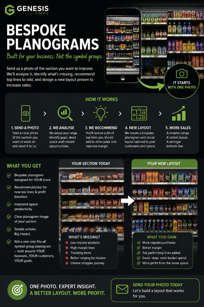Genesis Retail bespoke planogram and gap analysis for convenience store chillers and categories.