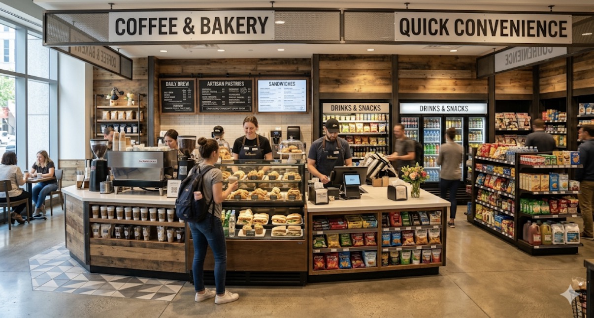 Convenience store counter with EPOS terminal and shelving